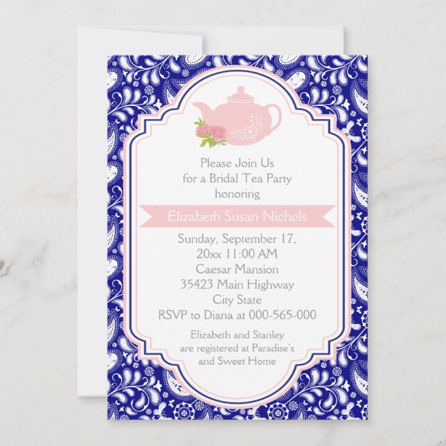 Invitation Tea party théière, paisley marine rose nuptiale do (Devant)