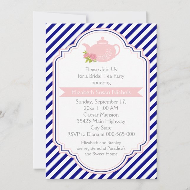 Invitation Tea party théière, raypes rose marine nuptiale dou (Devant)