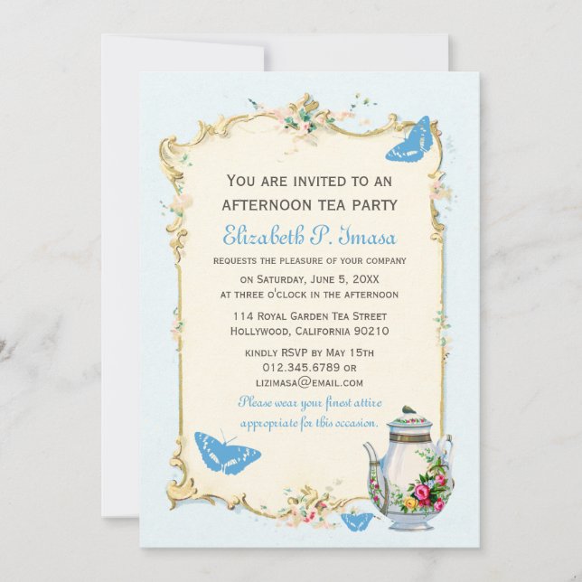 Invitation Tea Party Vintage bleu (Devant)
