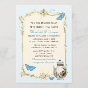 Invitation Tea Party Vintage bleu
