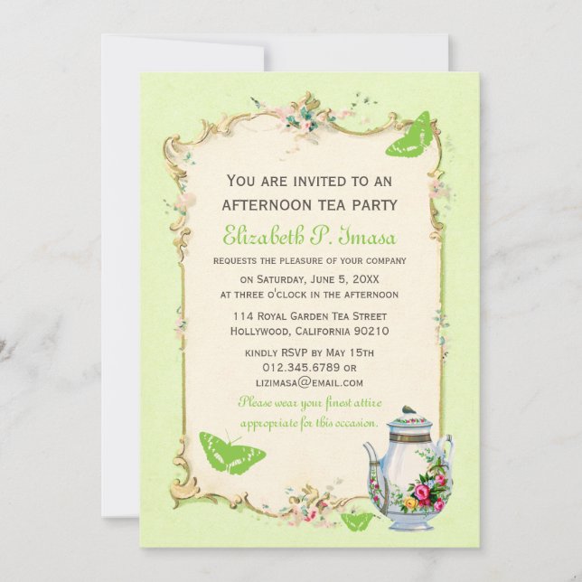 Invitation Tea Party Vintage vert (Devant)