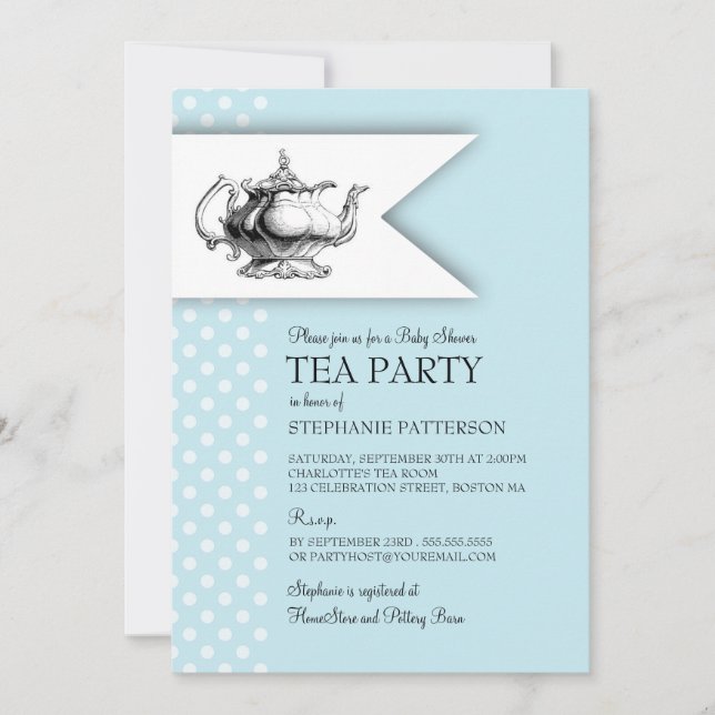 Invitation Tea Polka Dot Boy Baby shower Tea Party (Devant)