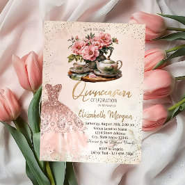 Invitation Tea Set Rose Gold Robe Confetti Quinceañera