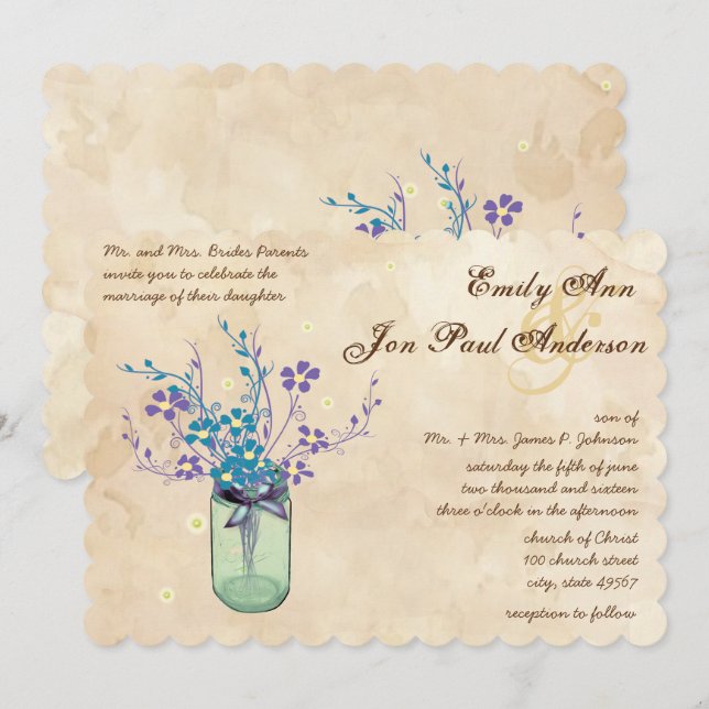 Invitation Tea Stain Aqua Purple Flower Mason Jar (Devant / Derrière)