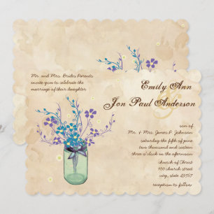 Invitation Tea Stain Aqua Purple Flower Mason Jar