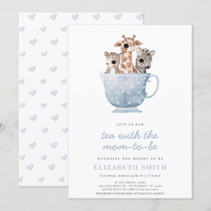 Invitation Tea Time Party Baby Animals Blue Boy Baby shower