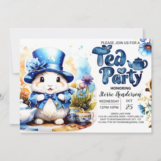 Invitation Tea Time Tails Blue Bunny Baby shower (Devant)