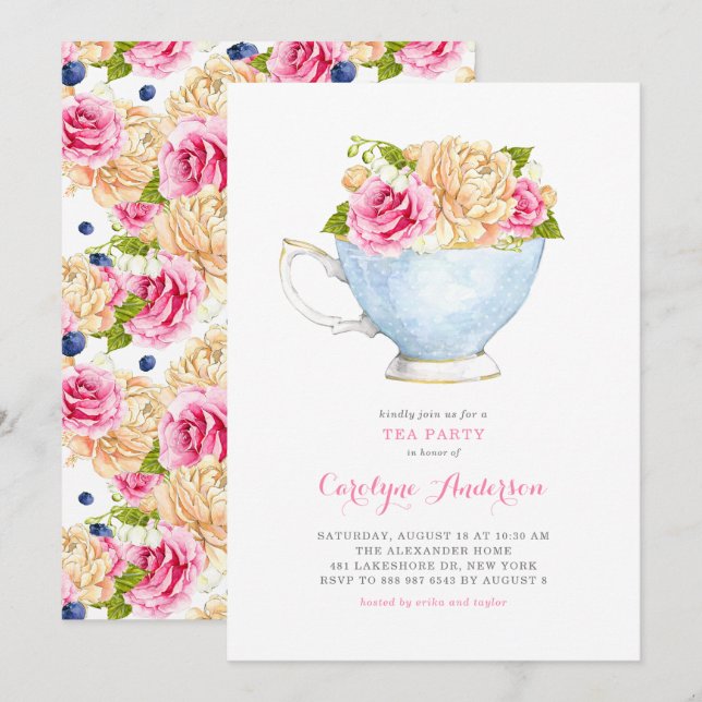 Invitation Teacup Aquarelle Bouquet Fleurs Tea Party (Devant / Derrière)