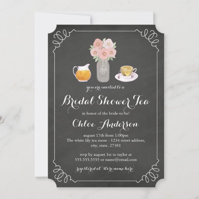 Invitation Teacup Chalkboard Fête des mariées Tea Party Invit (Devant)