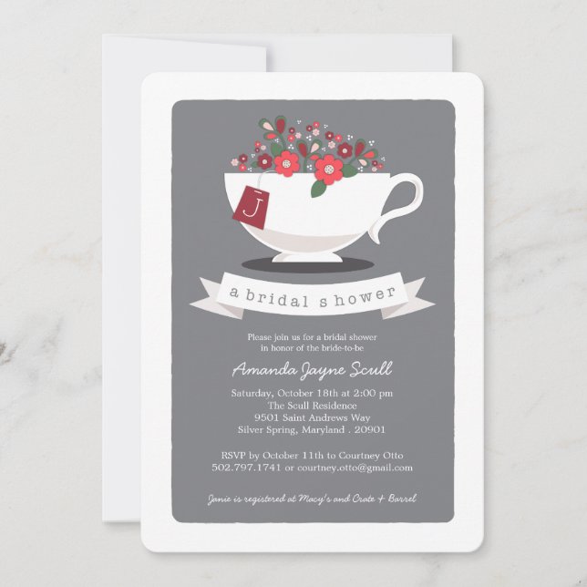 Invitation Teacup Coral Floral Monogramme Fête de l'mariée (Devant)