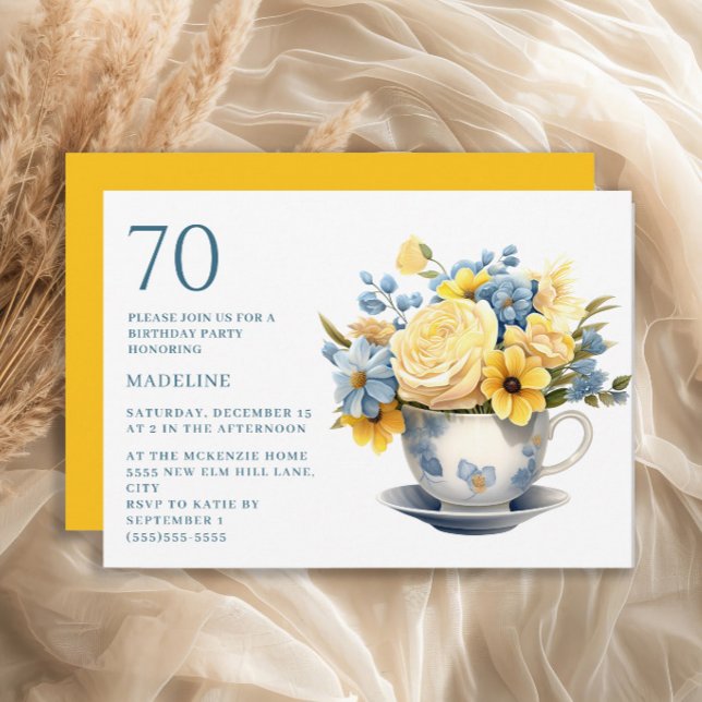 Invitation Teacup Fleurs Bleues Jaunes 70e anniversaire (Blue teacup and yellow flowers 70th birthday party invitation)