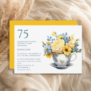 Invitation Teacup Fleurs Bleues Jaunes 75e anniversaire