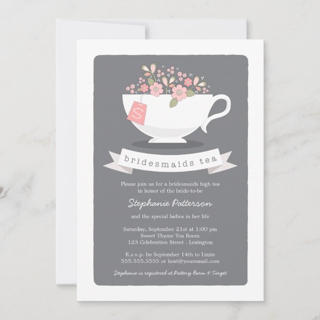 Invitation Teacup Sweet Pink Floral Bridesmaies Tea Party (Devant)