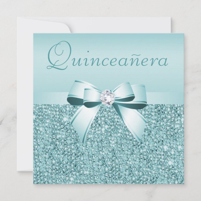 Invitation Teal a imprimé les paillettes et l'arc Quinceanera (Devant)