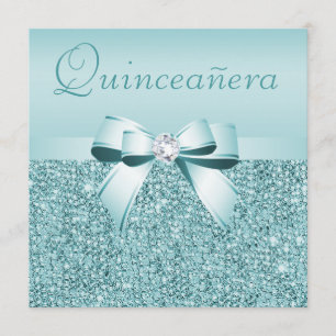 Invitation Teal a imprimé les paillettes et l'arc Quinceanera