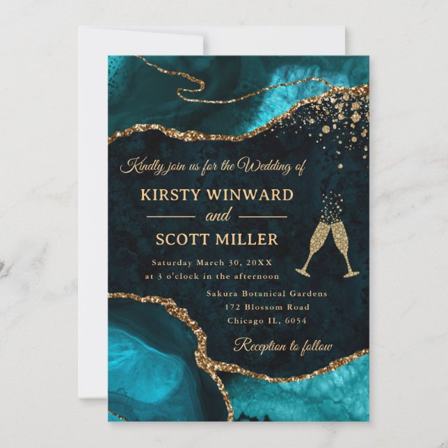 Invitation Teal and Gold Glitter Agate Wedding (Devant)