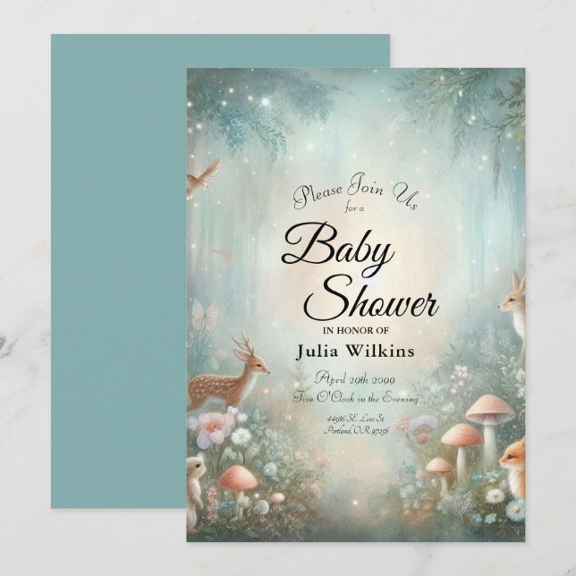 Invitation Teal and Peach Enchanted Forest Baby Shower (Devant / Derrière)