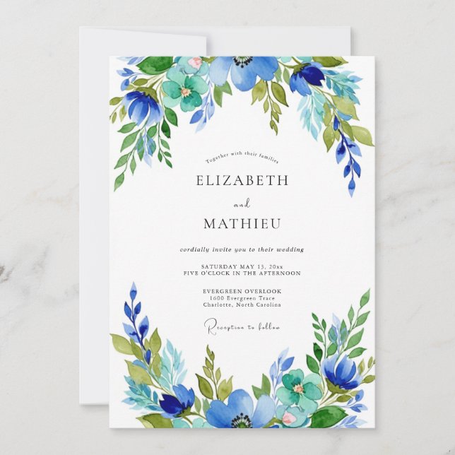 Invitation Teal Azure Harmonious Botanical Wedding (Devant)