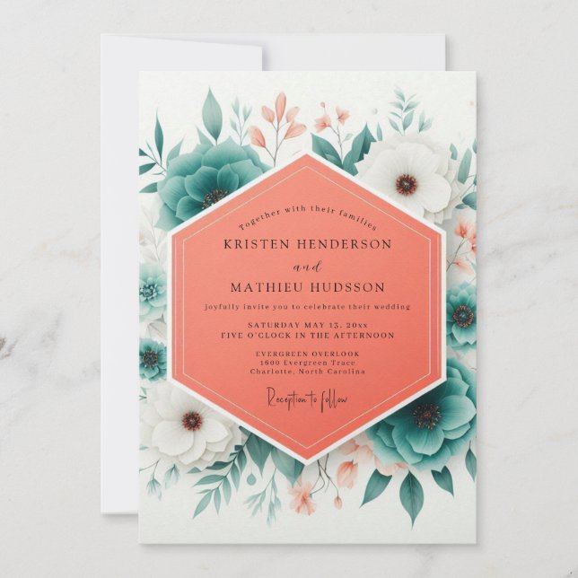 Invitation Teal Bloom Romantic Wedding (Devant)