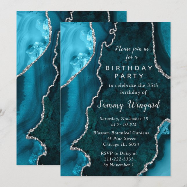 Invitation Teal Blue and Silver Agate Marble Birthday Party (Devant / Derrière)