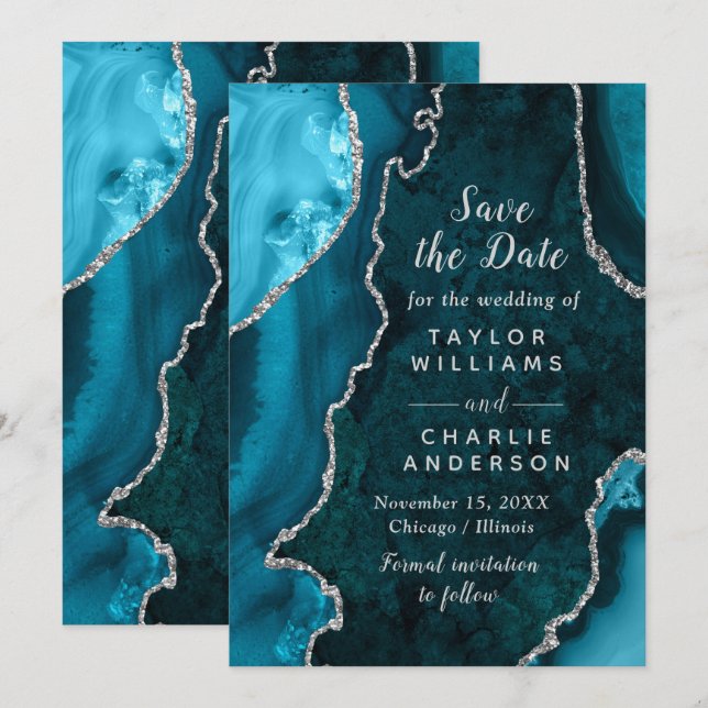 Invitation Teal Blue and Silver Agate Marble Save The Date (Devant / Derrière)