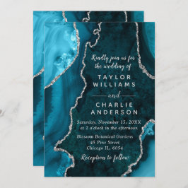 Invitation Teal Blue and Silver Agate Marble Wedding