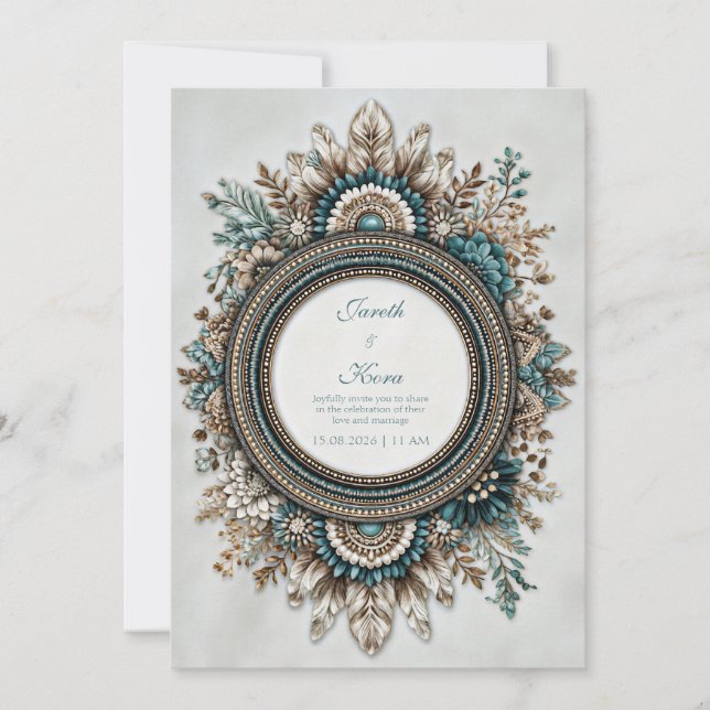 Invitation Teal Blue Brown Feather Floral Rustic Wedding (Devant)