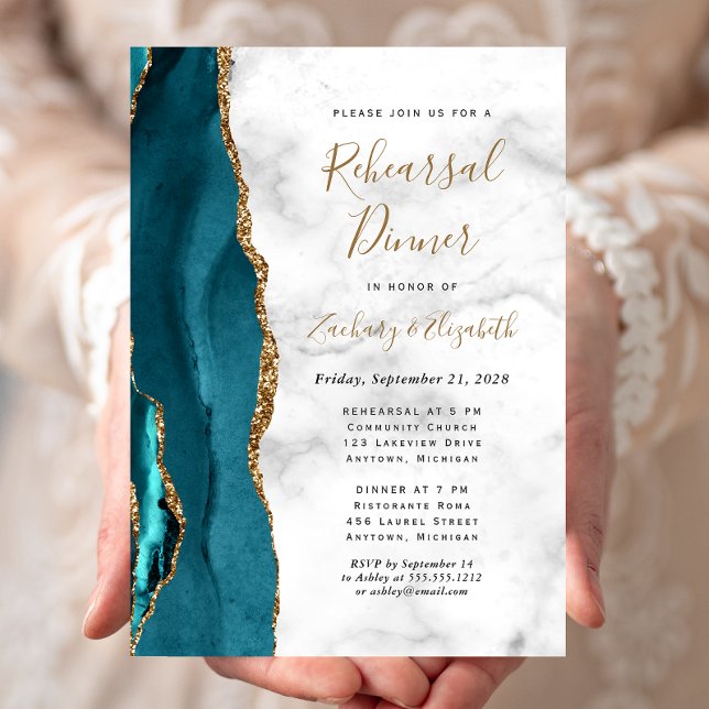 Invitation Teal Blue Gold Agate Wedding Rehearsal Dinner (Créateur téléchargé)