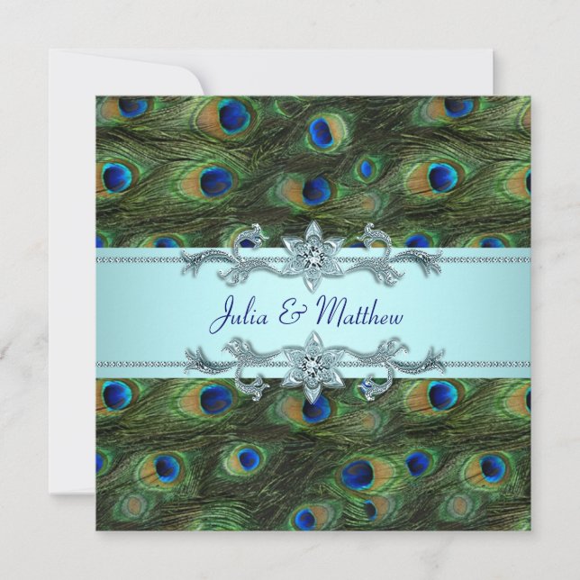 Invitation Teal Blue Peacock Wedding (Devant)