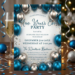 Invitation Teal Blue Silver Balloons Confetti New Year's Eve