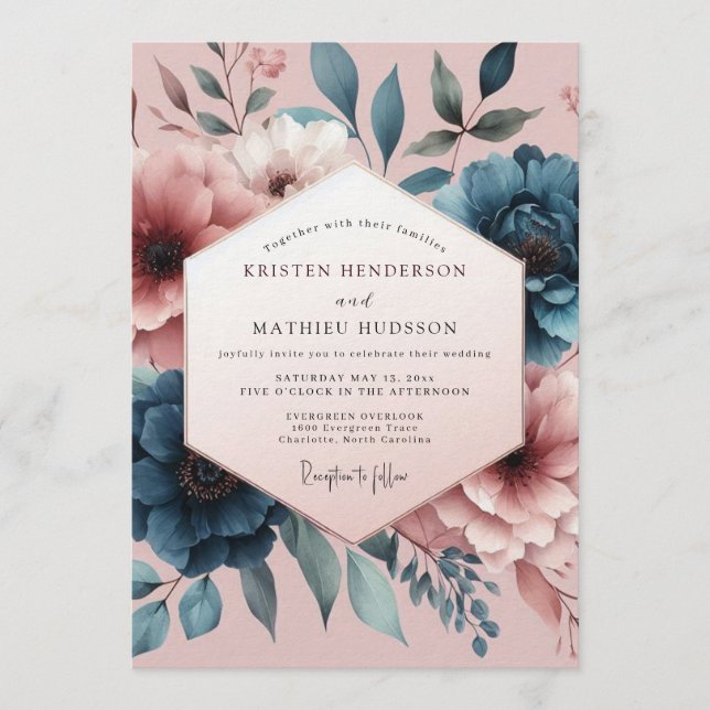 Invitation Teal Blush Painterly Bloom Wedding (Devant)