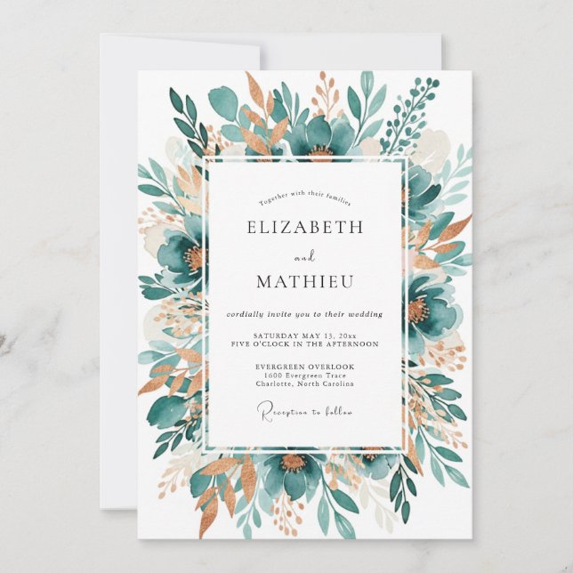 Invitation Teal Botanical Bloom Wedding (Devant)