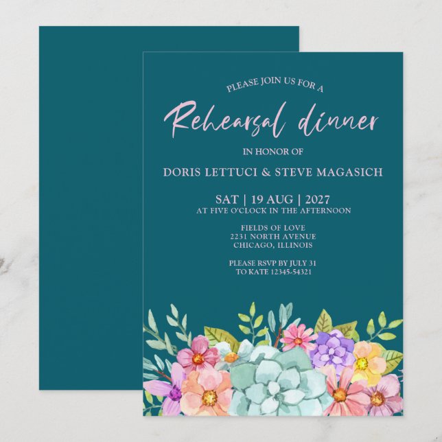 Invitation  Teal Colorful  Floral Rehearsal Dinner  (Devant / Derrière)