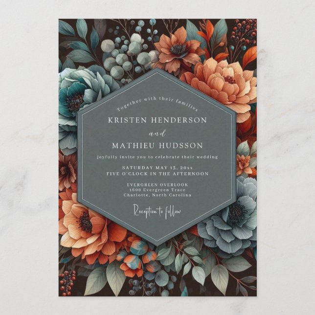 Invitation Teal Copper Shadowy Wedding (Devant)