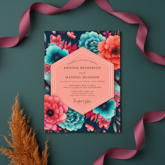 Invitation Teal Coral Floral Opulence Wedding (Créateur téléchargé)