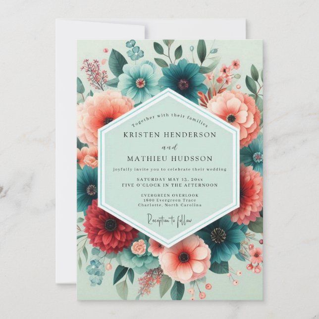 Invitation Teal Coral Flourish Wedding (Devant)