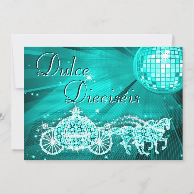 Invitation Teal Disco Ball, Princess Coach & Horses Sweet 16 (Devant)