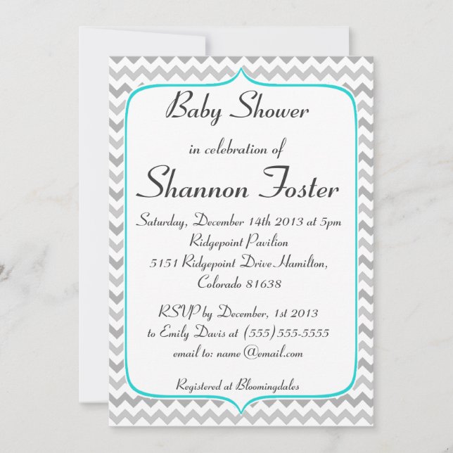 Invitation Teal élégant et baby shower gris de Chevron (Devant)