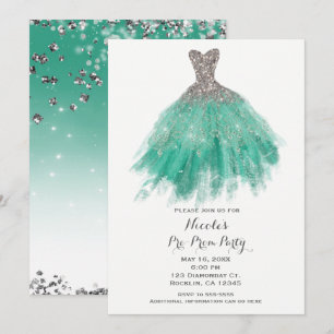 Invitation Teal et d'argent de parties scintillantes de robe