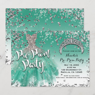 Invitation Teal et d'argent de parties scintillantes de robe