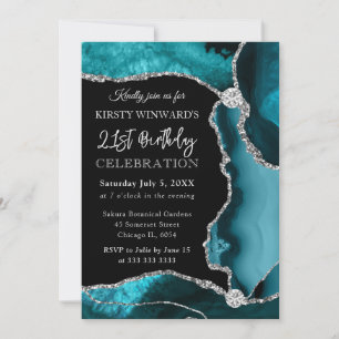 Invitation Teal et Faux Glitter Agate Anniversaire