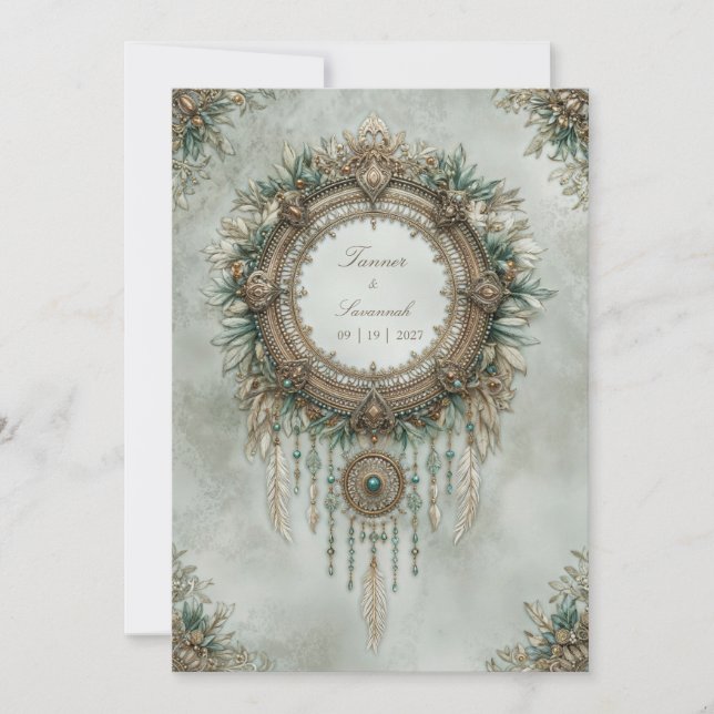 Invitation Teal Gold Dreamcatcher Boho Feather Wedding (Devant)