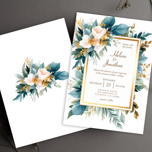 Invitation Teal Gold Floral Garden Boho Elegant Wedding (Teal Gold Floral Garden Boho Elegant Wedding Invitation)