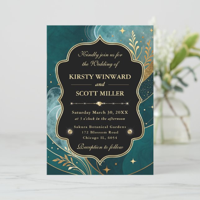 Invitation Teal Gold Marble Glitter Elegant Wedding (Debout devant)