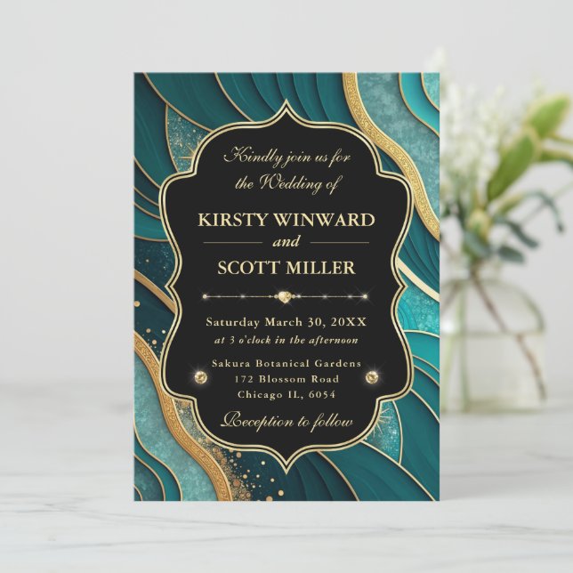 Invitation Teal Gold Marble Glitter Elegant Wedding (Debout devant)