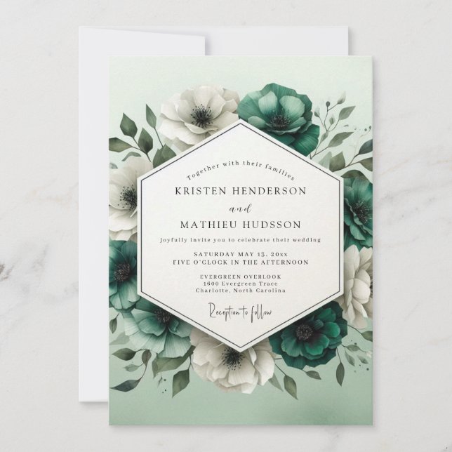 Invitation Teal Ivory Bloom Wedding (Devant)