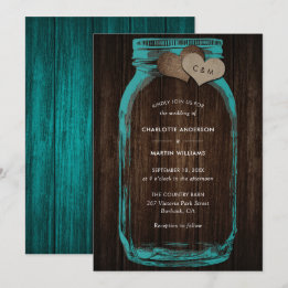 Invitation Teal Mason Jar Wood Monogram Burlap Hearts Wedding