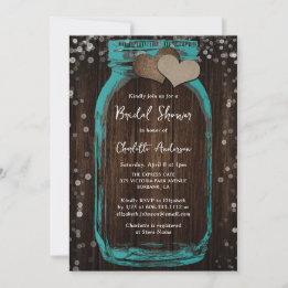 Invitation Teal Mason Jar Wood Rustic Bridal Shower