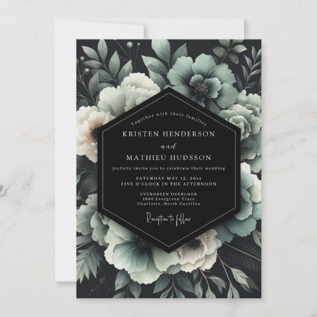 Invitation Teal Noir Floral Wedding (Devant)