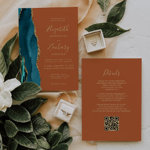 Invitation Teal Or Agate Orange Brûlé Rouille Code QR Mariage